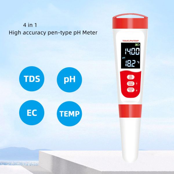 Multi-function PH/EC/TDS/TEMP Meter 4 in 1 Pen-Type Water Tester for Drinking Water Fast