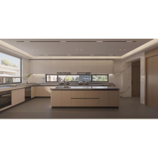 U-Shaped Stainless Steel Kitchen Cabinets with Large Rectangular Island