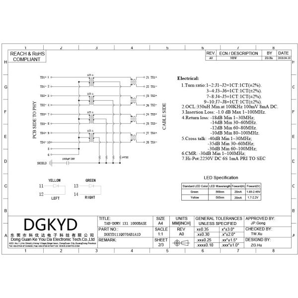 1X2 8P10C TAB Down RJ45 Ethernet Connector With LED