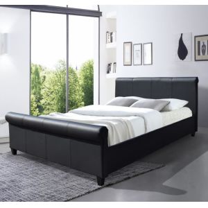 Versatile Upholstered Bed Frame King Size Black Faux Leather Sleigh Headboard Footboard