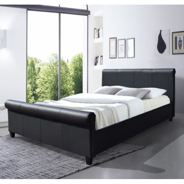 Buy Versatile Upholstered Bed Frame King Size Black Faux Leather Sleigh Headboard Footboard at wholesale prices