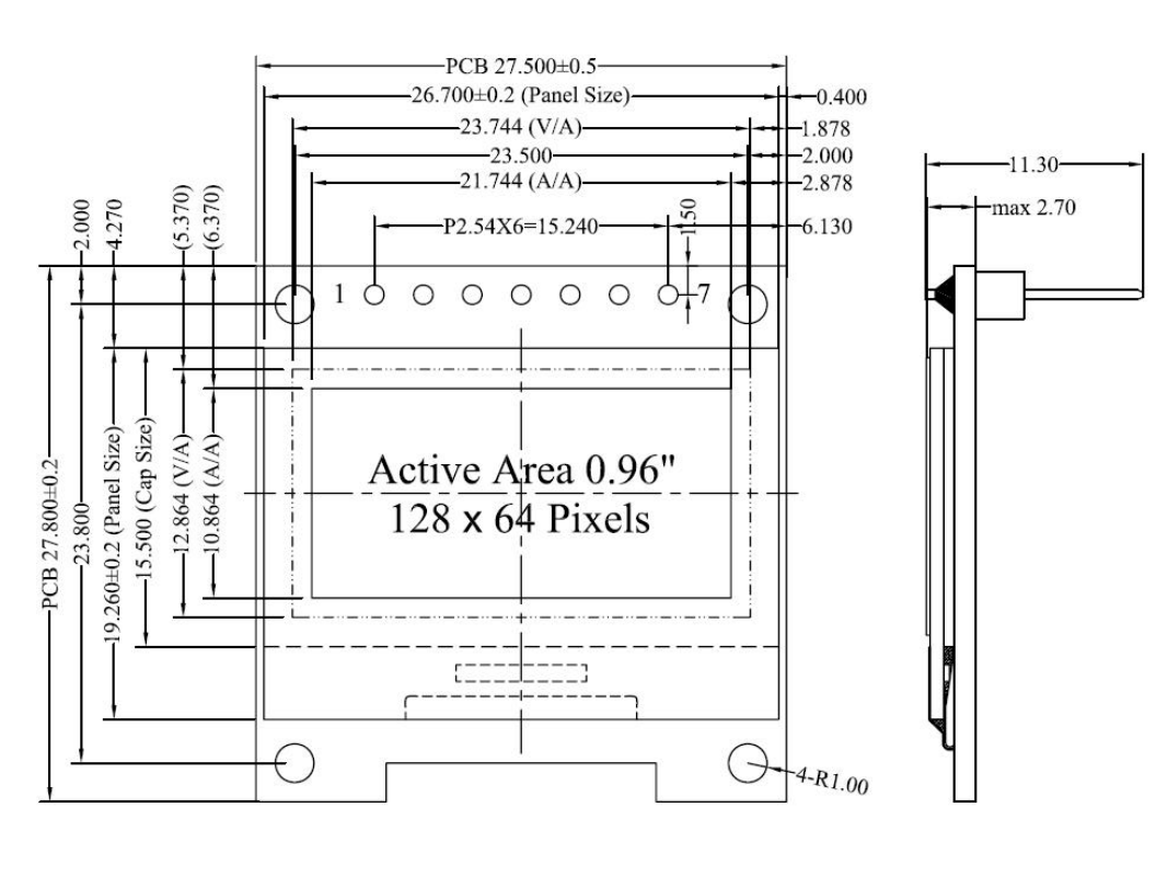 0.96" OLED Display Module 128x64 Pixels | SPI Interface | Blue/White/Yellow Blue | -40°C to 80°C | RoHS