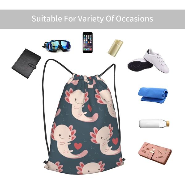 Drawstring Backpack with Axolotls, Hearts and Bubbles - Adorable and Practical - Suitable for Women and Girls