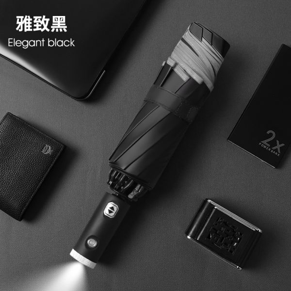 Business Weather Umbrella with LED Flashlight and Reverse Function Three-folding