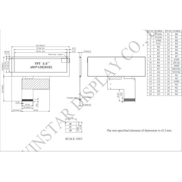 3.9'' bar TFT LCD Module 480*128*RGB WinStar replace 6H HX8278-A