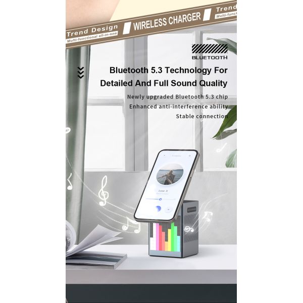 6 In 1 Multi Function Pixel Animation Wireless Charger Alarm Clock Speaker Phone Stand With Integrated Lamp