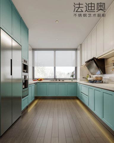 Fadior Stainless Steel Art Kitchen Cabinet - Turquoise & White Tone, L-Shaped Layout, Premium Hardware & Custom Storage - Featuring a striking turquoise and white color palette with an L-shaped