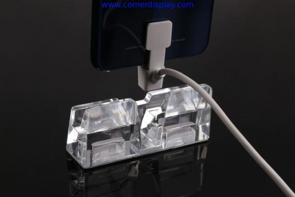 COMER Custom clear acrylic price tag with alarm security displaying systems and charging cables