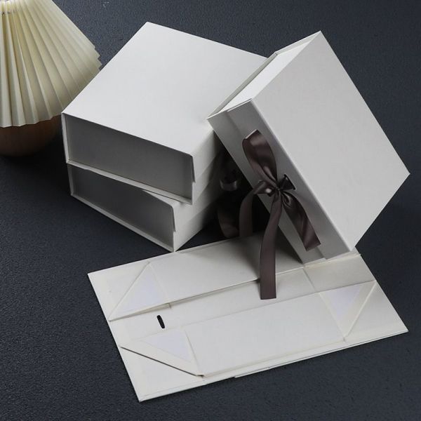 Recyclable Folding Carton Packaging Boxes With Magnetic Closure And Ribbon Closure