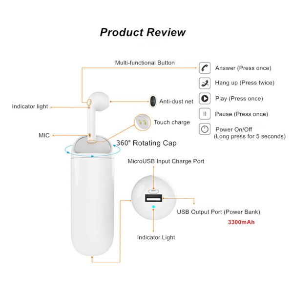 Support intelligent active noise reduction mini mono wireless earphone bluetooth earbud with charger box power bank