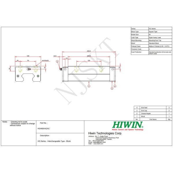 HIWIN HGH65HA Linear Guideway HG Block Linear Guide Rail CNC
