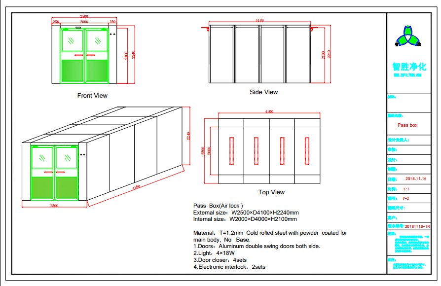 Large Air Shower Pass Box For Exit Unit / Clean Room Pass Through Window