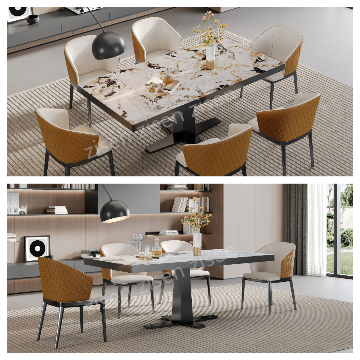 Exquisite Cross Base Ceramic Marble Top Dining Table 750mm Height With Frame Insert