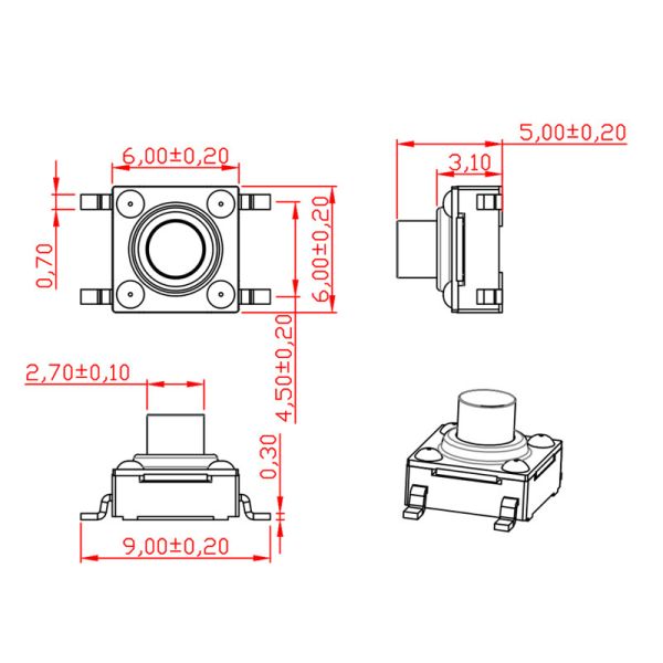 Stretch Cover Waterproof Tact Switch 4 Pin SMD Red Silicone Button