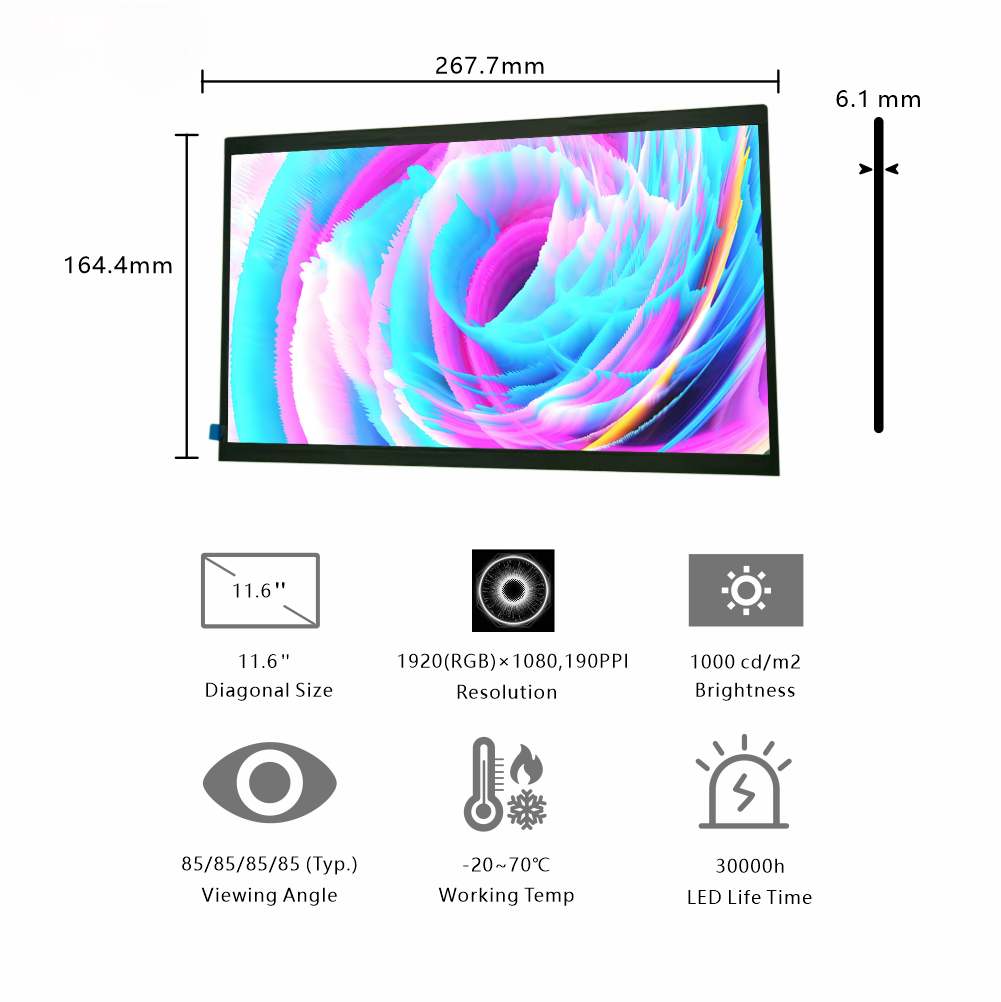11.6-Inch Large FHD Industrial Display | 1920×1080 Resolution, EDP Interface, 1000cd/m² High Brightness for High-Light Workshops & Precision Equipment