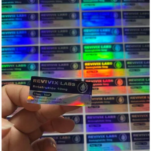 Close-up view of laser PET material 10ml vial label showing print quality and finish