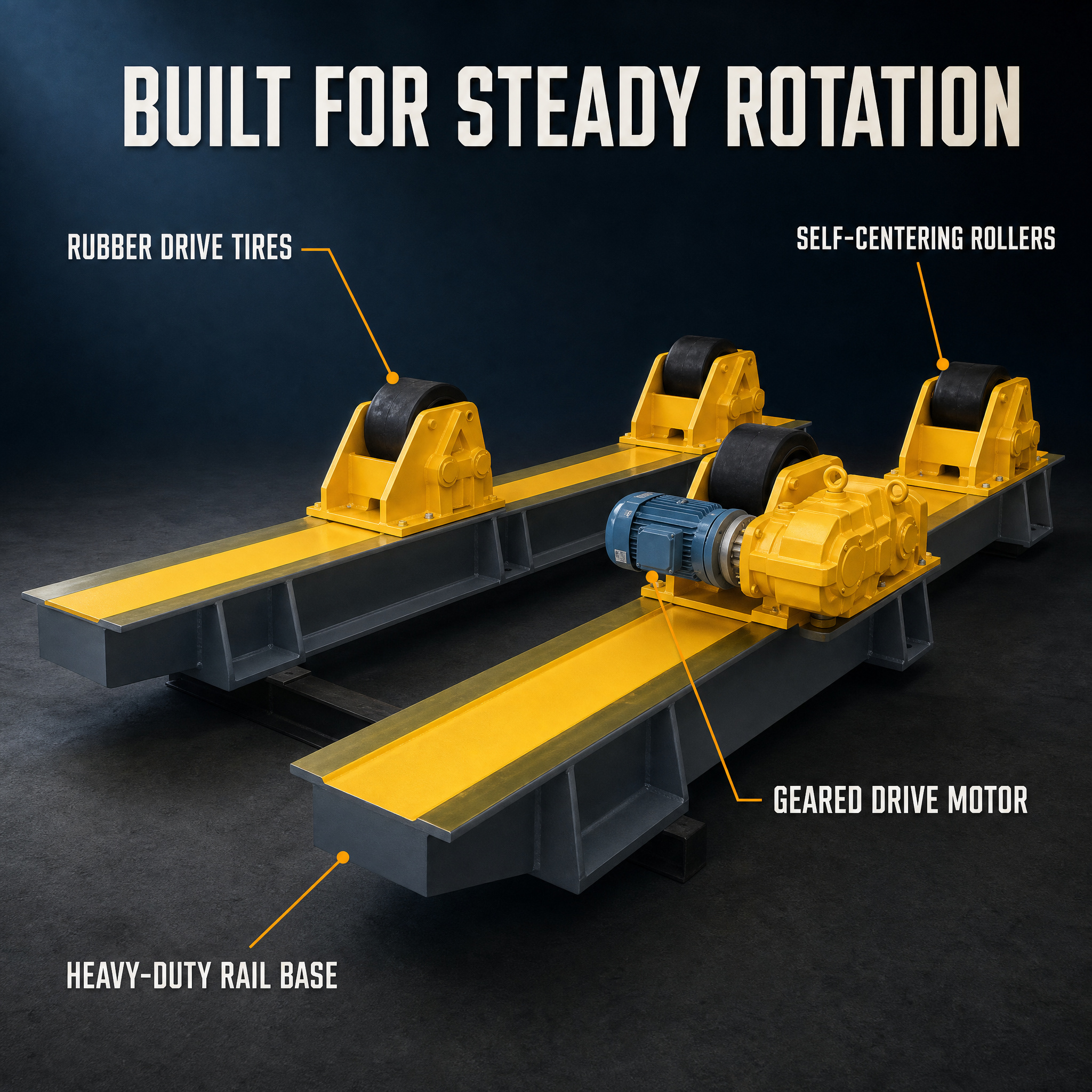 Variable Speed Self-Centering Welding Rotator, Self-Adjusting Roller Design for Large & Small Cylindrical Workpieces