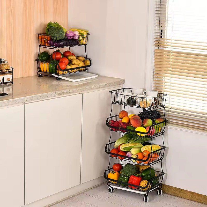 Wholesale 4 Tier Stackable Metal Wire Basket Storage Rack with Rolling Wheels Fruit Vegetable Organize Rack for Kitchen