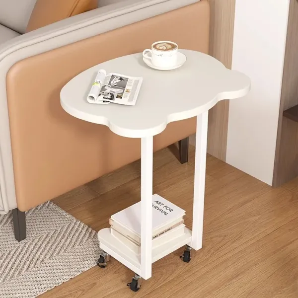 Movable Sofa Side Table, Small Modern Coffee Bedside with Wheels, C Shaped End for Couch and Bed
