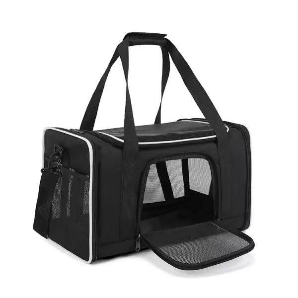 Canvas Polyester Foldable Pet Carrier Black Cat Carrier Shoulder Bag Rectangle