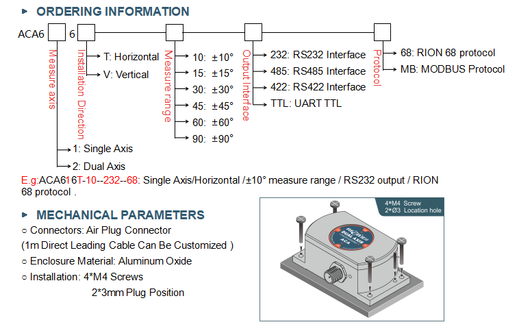 ACA6 HIGH ACCURACY DIGITAL TYPE MODBUS TILT SENSOR WITH FULL TEMP-COMPENSATION