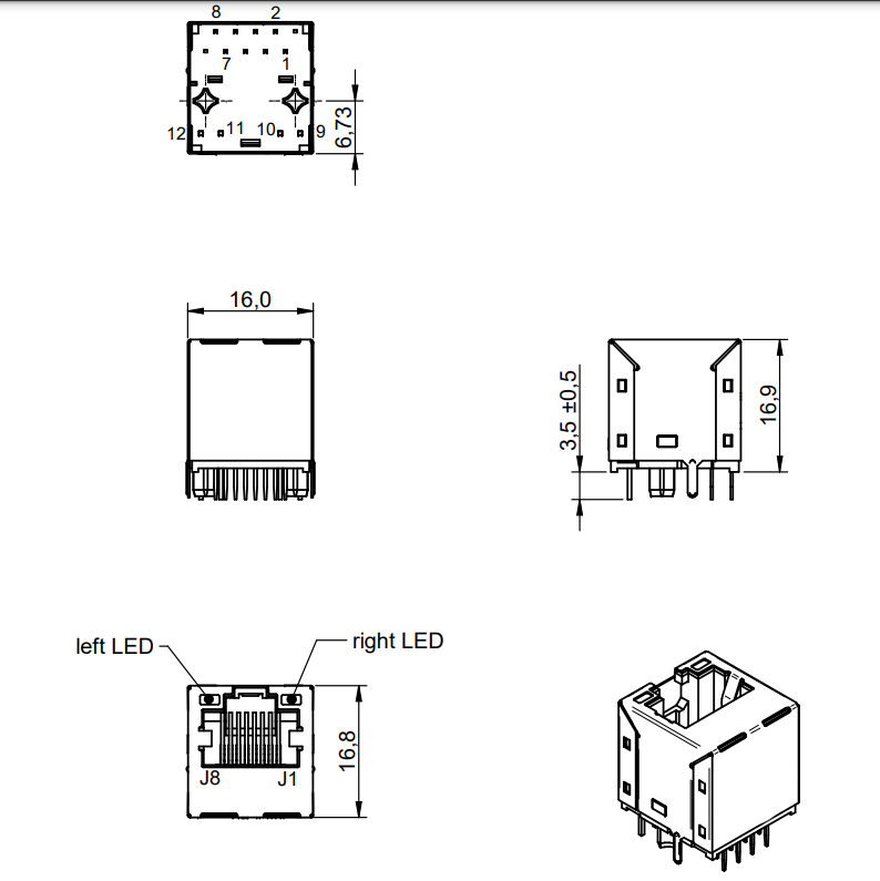 Vertical Tab THT RJ45 Modular Jack Lan Transformer 74990101210