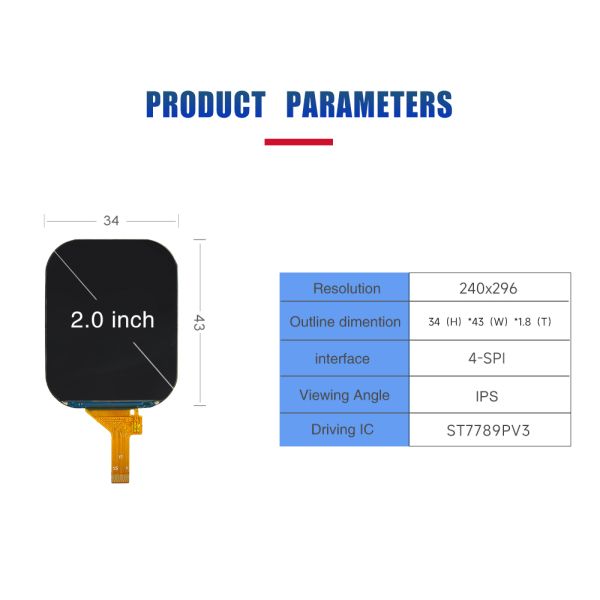 2.01 Inch TFT LCD Module IPS 240x296 Resolution IC ST7789 Advanced
