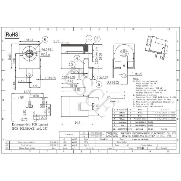 Diameter 2.0mm DC Power Jack Connector / DC Power Supply Jack Insulation Resistance ≥500mΩ