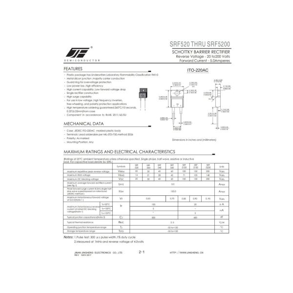 ITO-220AC Silicon SRF5200 Schottky Barrier Rectifier Diode for Wide Temperature Range