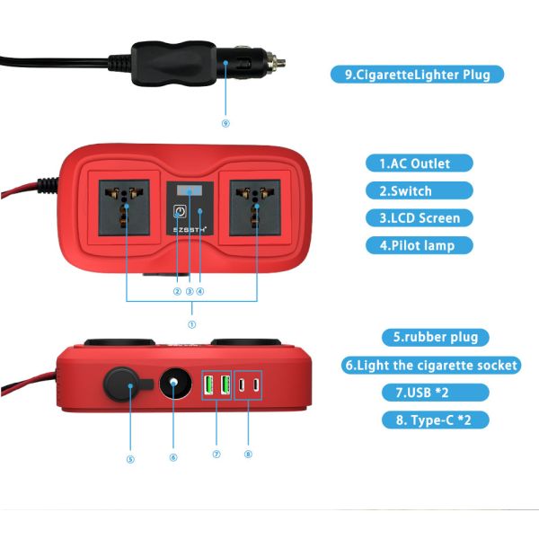 Customized Support SZSSTH Universal Socket Portable 12V 220V 2 AC Outlets 2USB 200W GaN PD Fast Charger Car Power Inverter