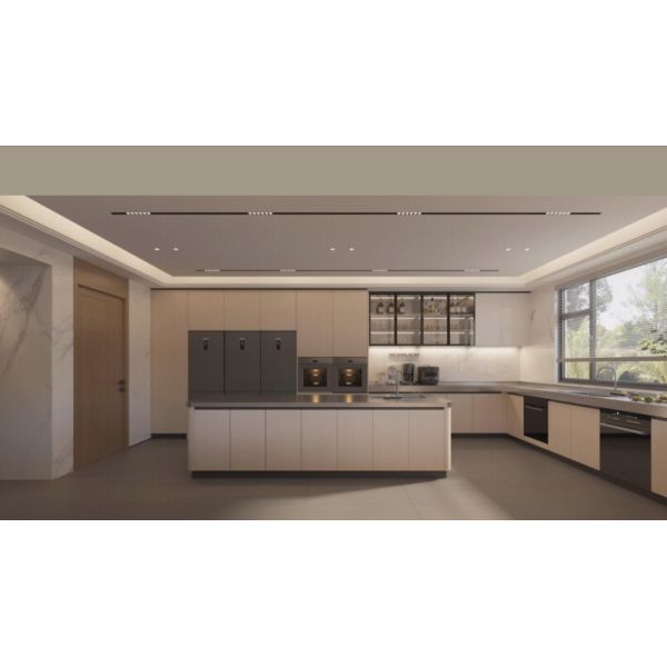 U-Shaped Stainless Steel Kitchen Cabinets with Large Rectangular Island