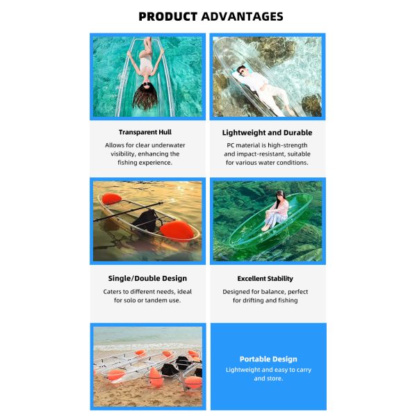 OEM Design PC Sheets Clear Canoe Impact Resistant Polycarbonate Clear Bottom Boat for Water Sports