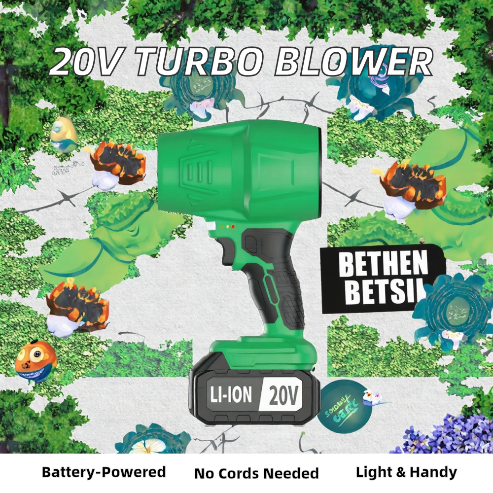 The 20V Cordless Mini Leaf Blower Features ABS+PC Material, Green Design, and a 4.0 Ah Battery Capacity.