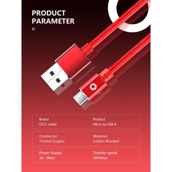 Nylon Usb 2.0 Data Transfer Cable , TPE 6 Foot Red Micro Usb Lead