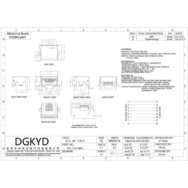 KRJ-72A75MMNL SMT Ethernet socket RJ45 without transformer sink type communication interface