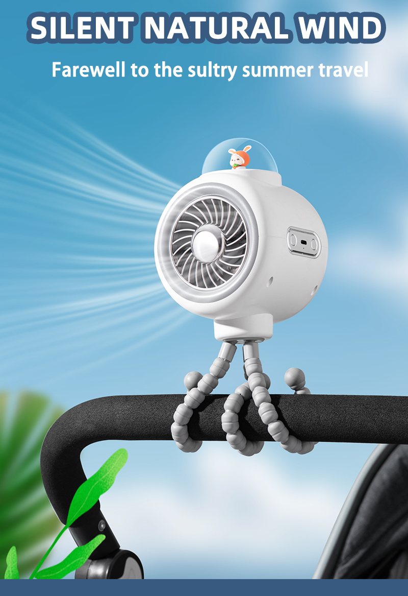 High Quality Octopus Pram USB Mini Rechargeable Outdoor Wireless Portable Stroller Clip Portable Baby Stroller Fan With Music