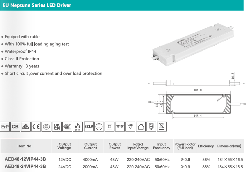 Full Customization Service 48W IP44 EU Ultra-Thin Wired LED Driver with Class II Safety Bathroom Mirror LED Driver