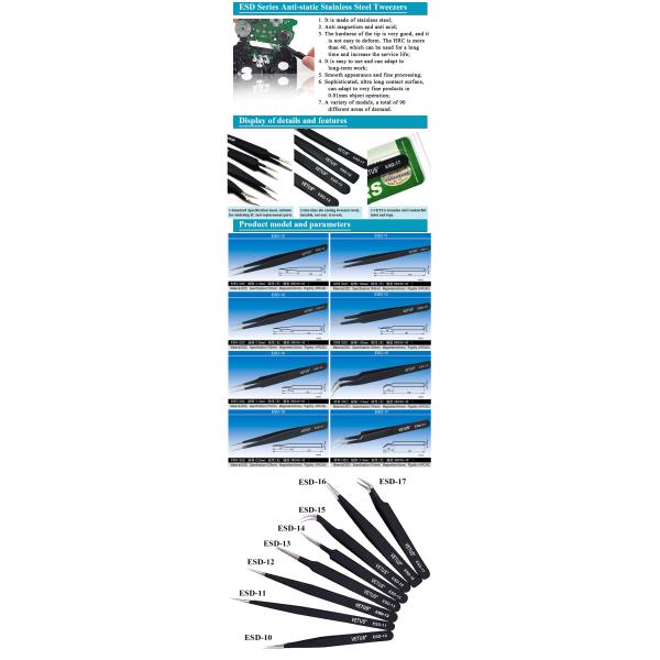 High Precision Stainless Steel Tweezers For Cleanroom Assembly Tools 10pcs/Set