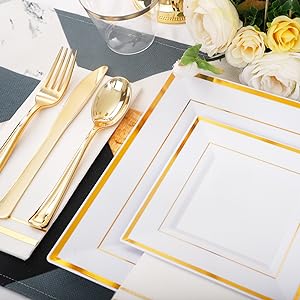 Gold Plastic Plates - Disposable Square Gold Plates Include Dinner Plates Dessert Plates Cups Plastic Cutlery