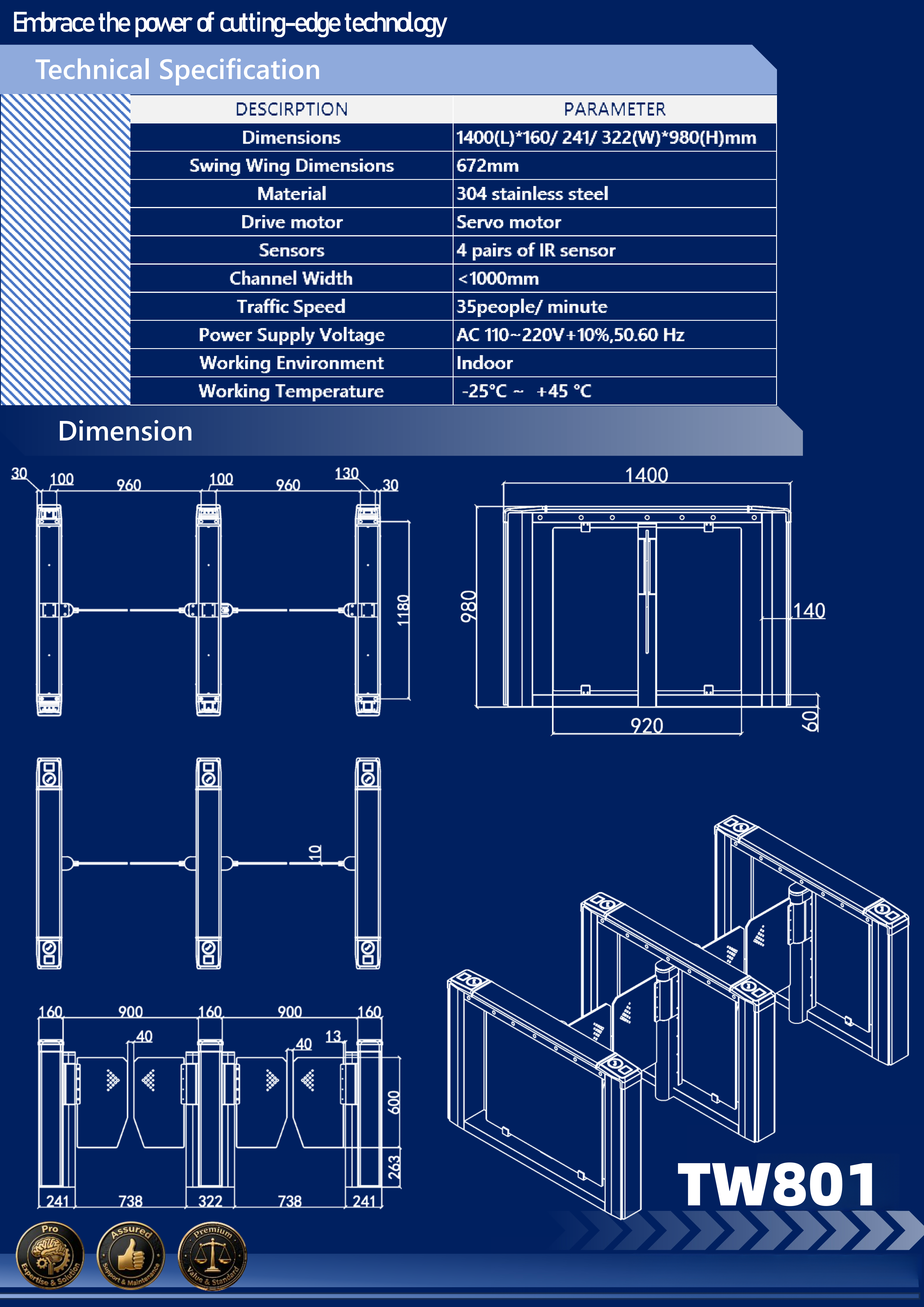 1400*255*980mm Single Core Three Roller Gate SUS304 Access Control Multi Factor Authentication