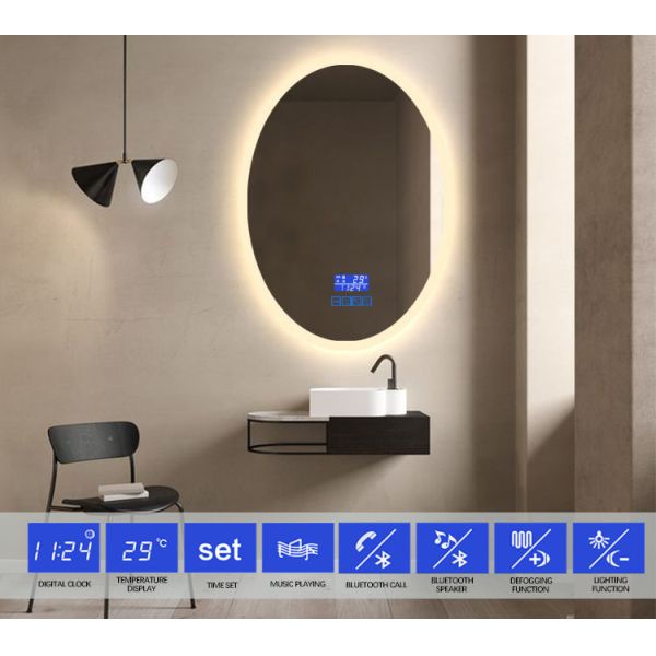Round Polished Edge Bathroom Mirrors With LED Light Smart Touch Sensor