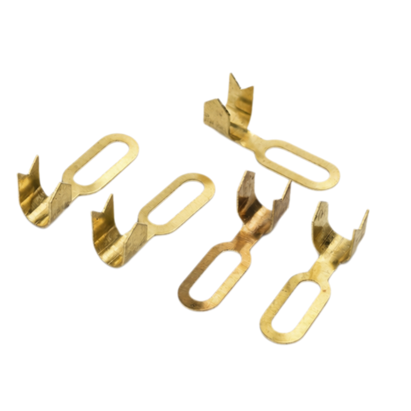 Precision stamped fork contact terminal showing detailed manufacturing quality