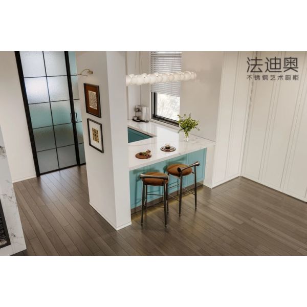 Fadior Stainless Steel Art Kitchen Cabinet - Turquoise & White Tone, L-Shaped Layout, Premium Hardware & Custom Storage - kitchen cabinet overview