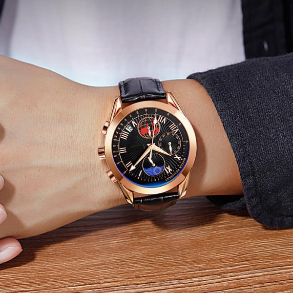 Multifunctional Triple Date Moonphase Watch Waterproof For Men