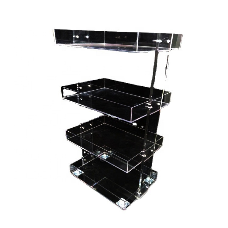 Factory Wholesale Rolling Wheels Crystal Clear Multi-Tier Rectangular Compact Portable Acrylic Storage Tray for Side Table