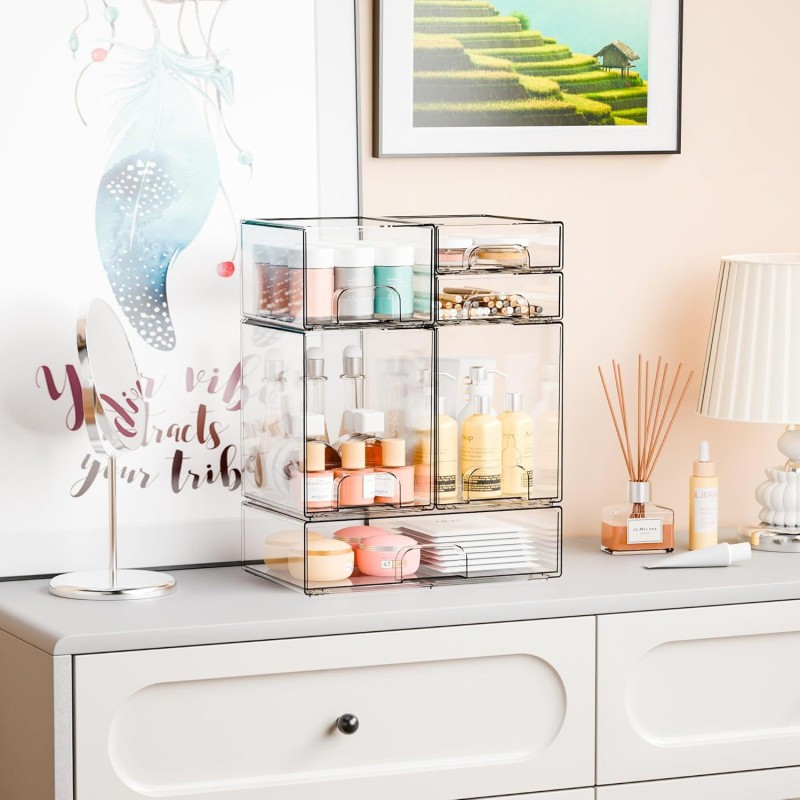 Multi-Tier Clear Makeup Organizer Detachable Stackable Desktop Storage Box Dustproof Cosmetic Display Case with Drawers for Home