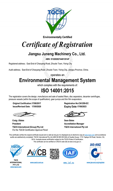 Quality certifications for Juneng Machinery