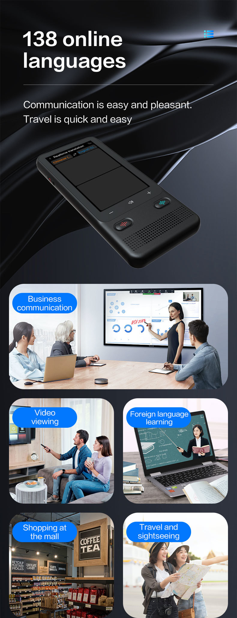Offline 160 Multi Language Translator AI Translator Device 16G Large Storage