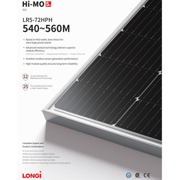 LONGI 545w Polycrystalline Solar Panel Half Cell Grade A LR5-72HPH-545M