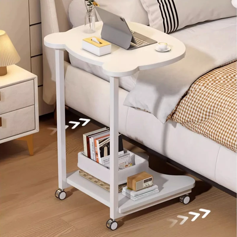 Movable Sofa Side Table, Small Modern Coffee Bedside with Wheels, C Shaped End for Couch and Bed